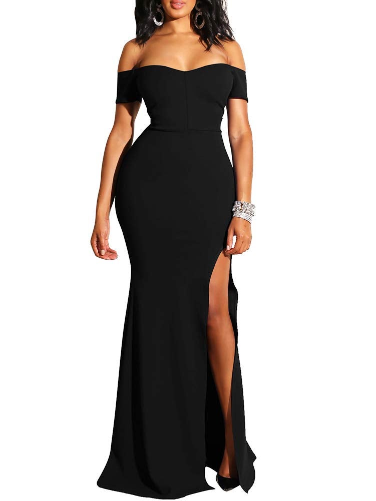YMDUCH Womens Off Shoulder High Split Long Formal Party Dress Evening Gown Black - Image 3